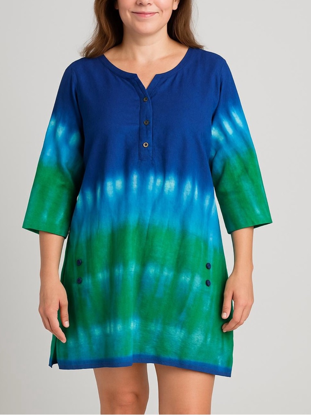 Kaas RTW Printed blue and green tie-dye cotton tunic with 3/4 sleeves Sz M